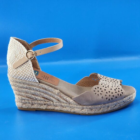KANNA NWOB Taupe Nubuck Scalloped Perforated Espadrille Wedge Sandals - Picture 4 of 7